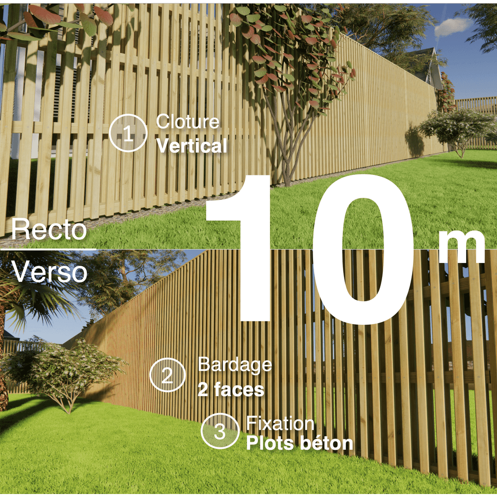 Kit clôture bois moderne 10m – h 2,3m – 45 x 45 mm autoclave – pose vertical – double face – à sceller