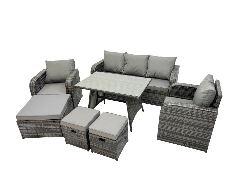 8 places ensemble de meubles de jardin avec table à manger rectangulaire chaise inclinable canapé 3 places 3 tabourets