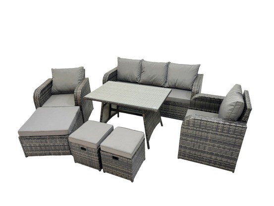 8 places ensemble de meubles de jardin avec table à manger rectangulaire chaise inclinable canapé 3 places 3 tabourets