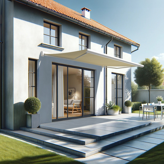 Store banne coffre intégral celeste 5,00x3,00 m (motorisé secours à télécommande - blanc satiné ral9010 - écru)