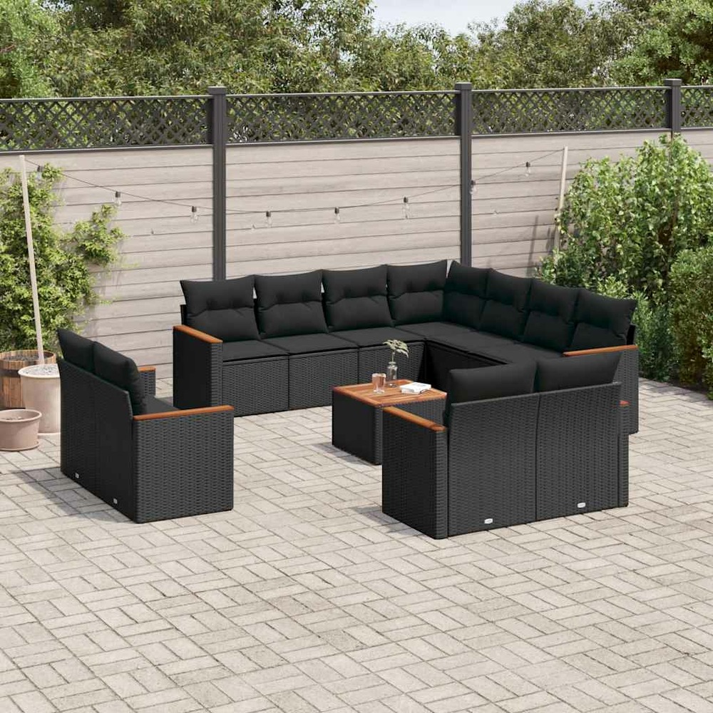Salon de jardin 12 pcs avec coussins noir résine tressée