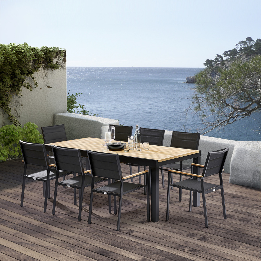 Ensemble baliteck 8/12p en aluminium noir, plateau en teck avec 8 fauteuils et 4 chaises pliantes en aluminium et textilène
