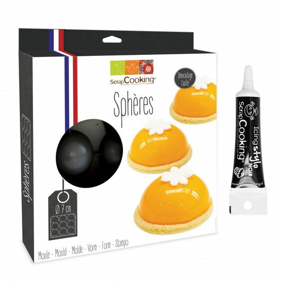Moule à gâteau semi-rigide 9 demi-sphères + stylo de glaçage noir