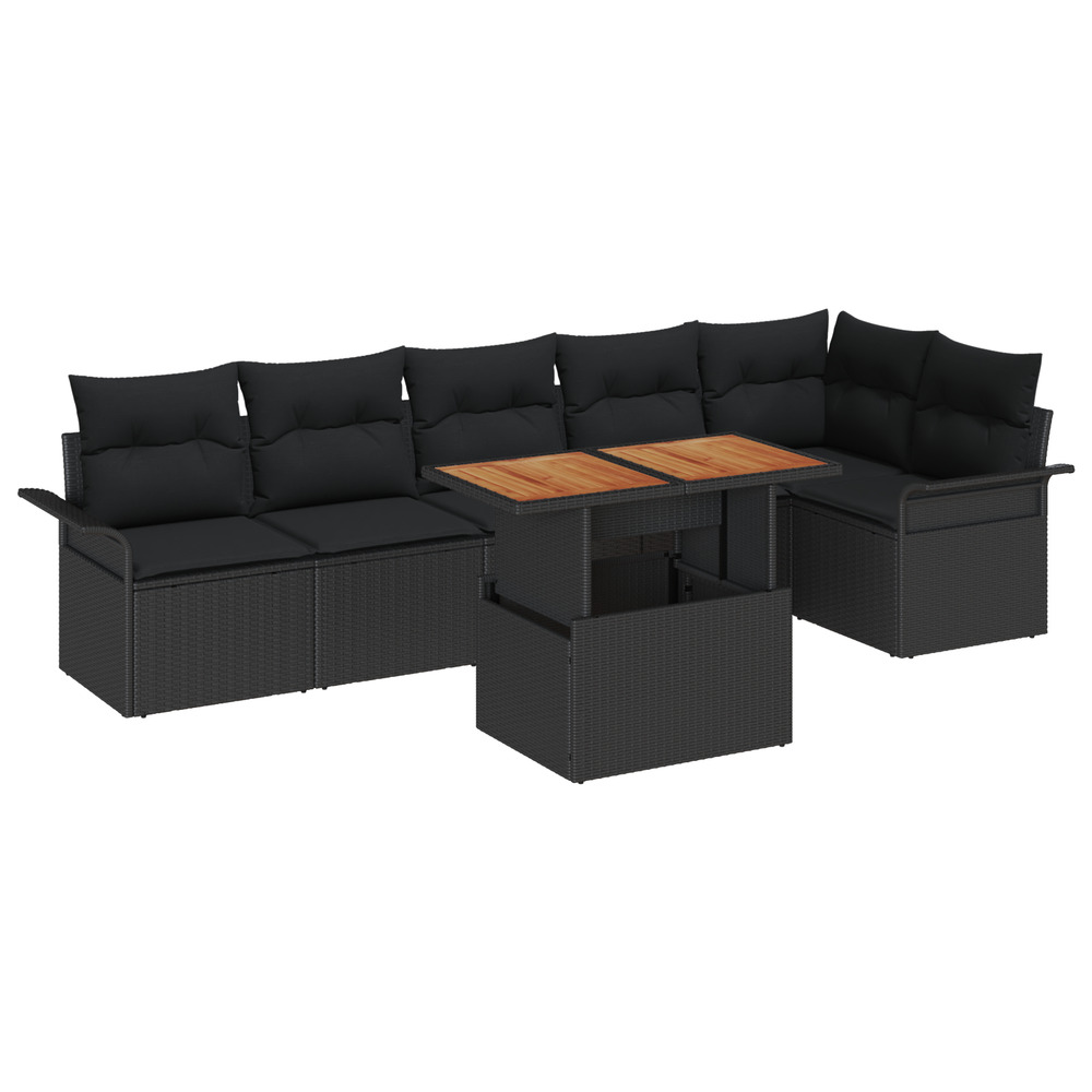 Ensemble de salle à manger de jardin de 7 pièces avec coussins noir rattan poly acacia