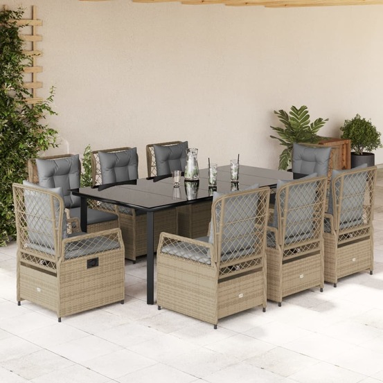 Ensemble à manger de jardin et coussins 9 pcs beige poly rotin