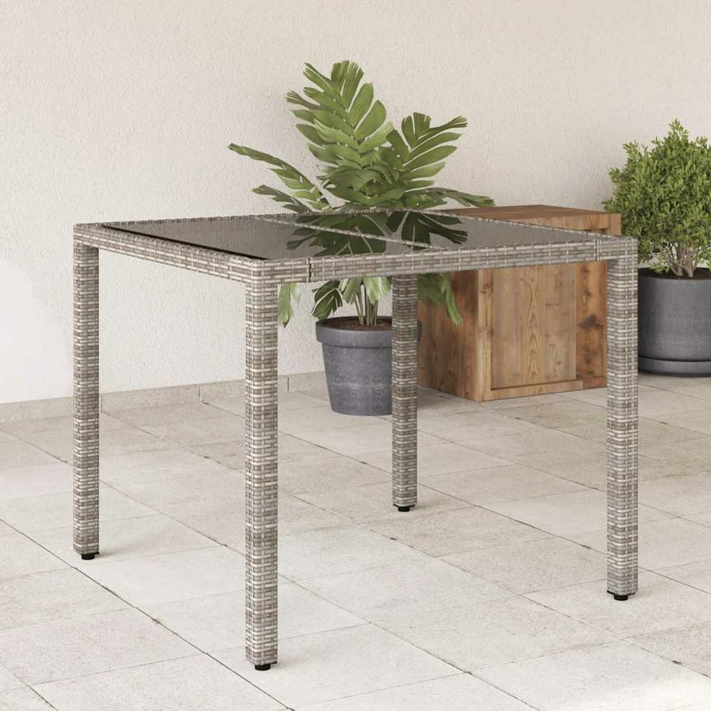 Table de jardin dessus en verre gris 90x90x75 cm résine tressée
