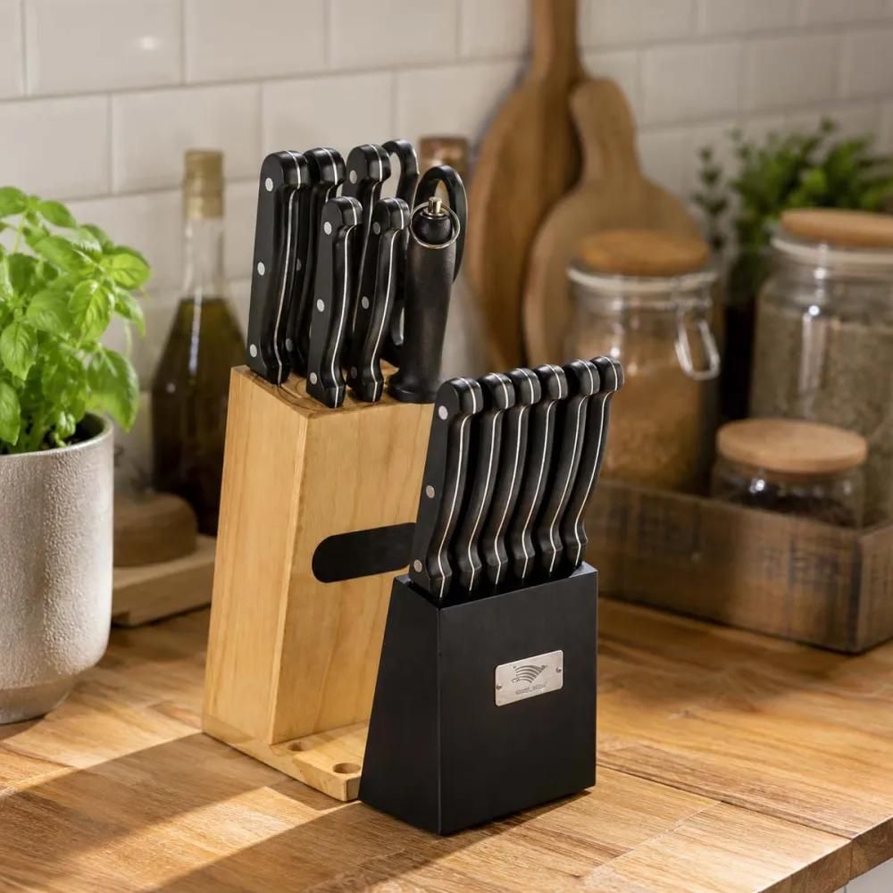 Bloc de découpe steak 15 pièces bois pin acier inox 420 ciseaux