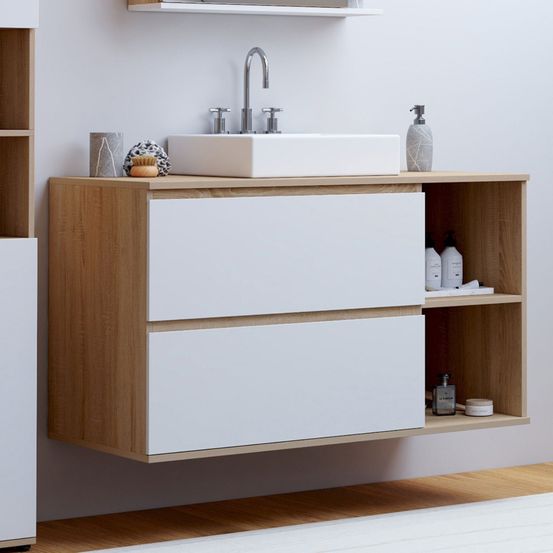 Meuble sous vasque suspendu salle de bain tomi 2 tiroirs et 2 niches façon hêtre et blanc