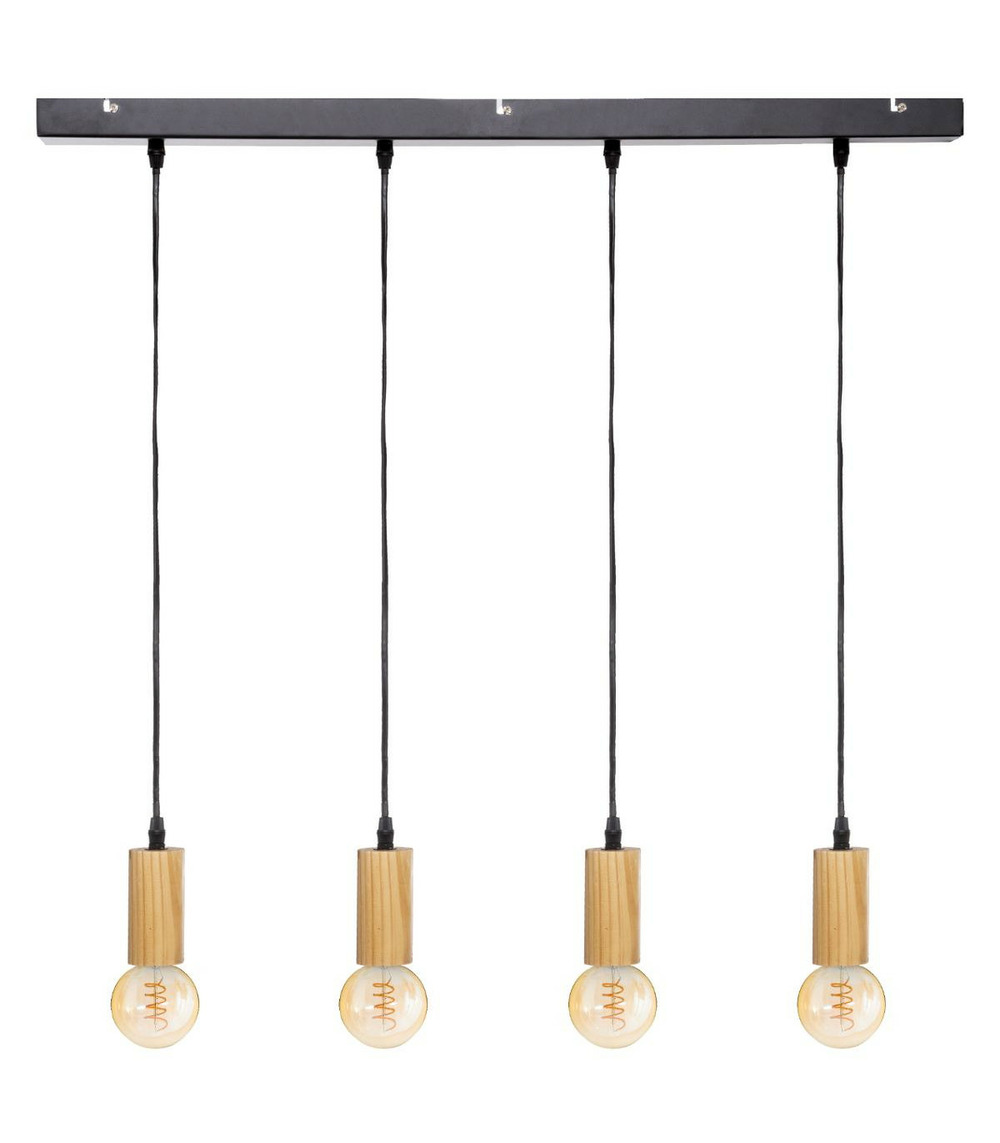 Luminaire suspension 4 lampes en métal et bois naturel