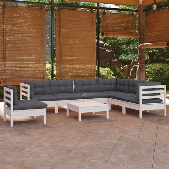 Salon de jardin 8 pcs avec coussins blanc bois de pin massif