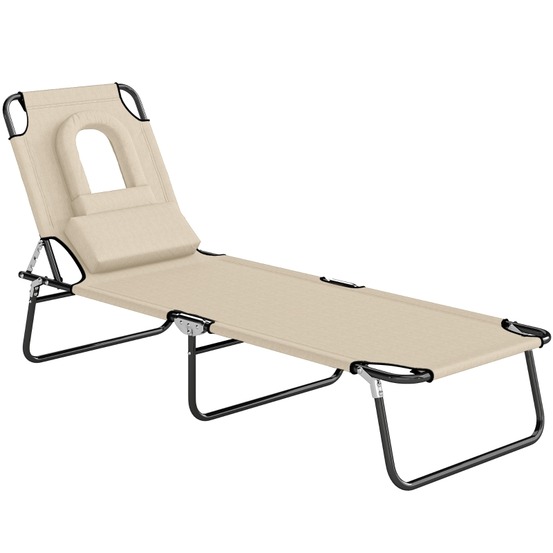 Transat avec ouverture pour le visage et coussin, pliable, déperlant, beige