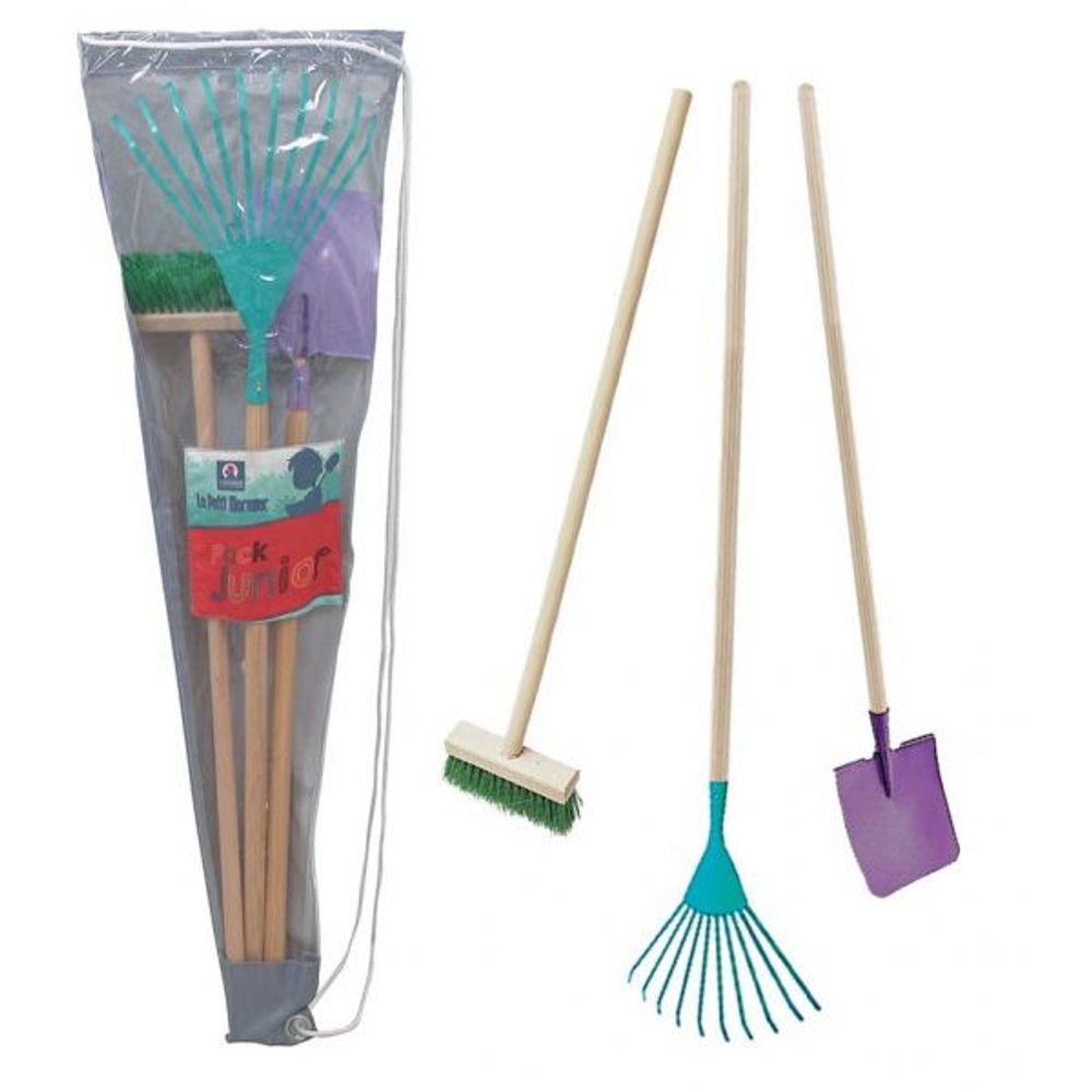 Set 3 outils de jardin enfant + sac de transport pelle + balai + râteau