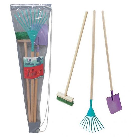 Set 3 outils de jardin enfant + sac de transport pelle + balai + râteau