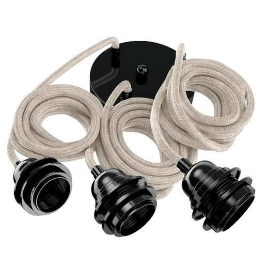 Suspension hang luminaire 3 cordes - lin brut douilles noires