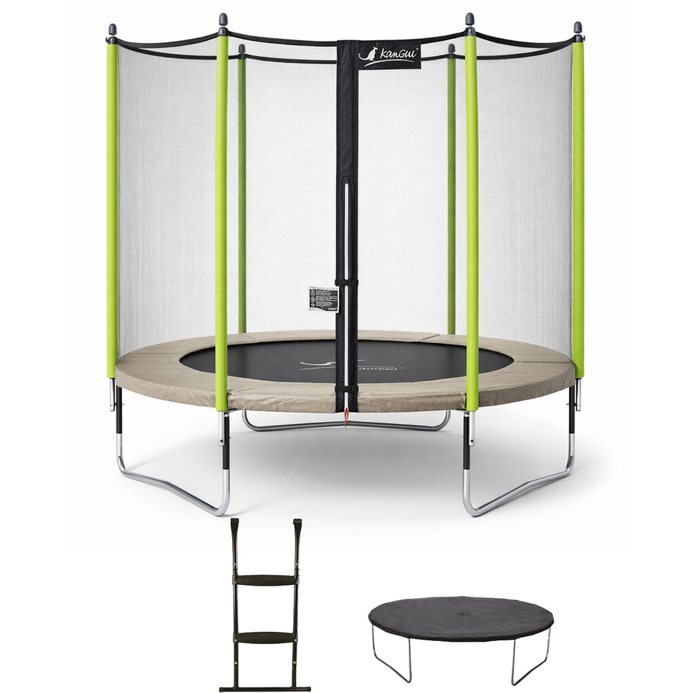 Trampoline jardin ø 300 cm + filet + échelle + bâche - jumpi 300 - taupe/vert