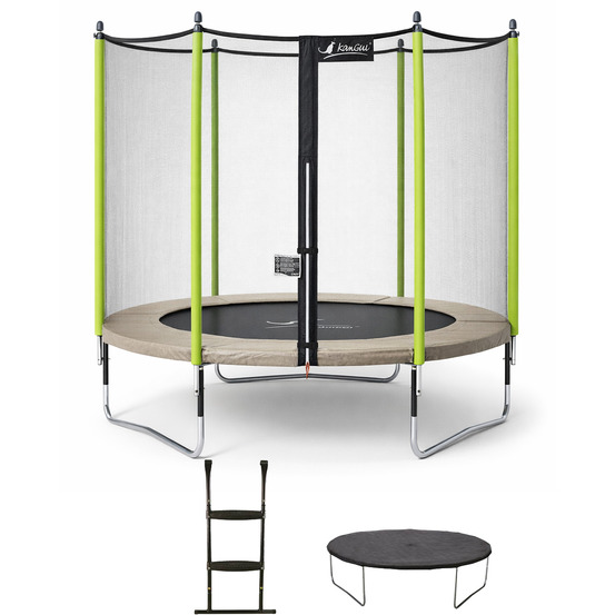 Trampoline jardin ø 300 cm + filet + échelle + bâche - jumpi 300 - taupe/vert