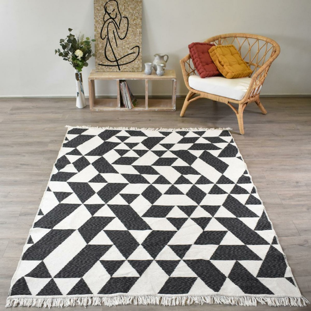 Tapis kilim reversible 200x280 en coton motif géométrique bi crème et noir