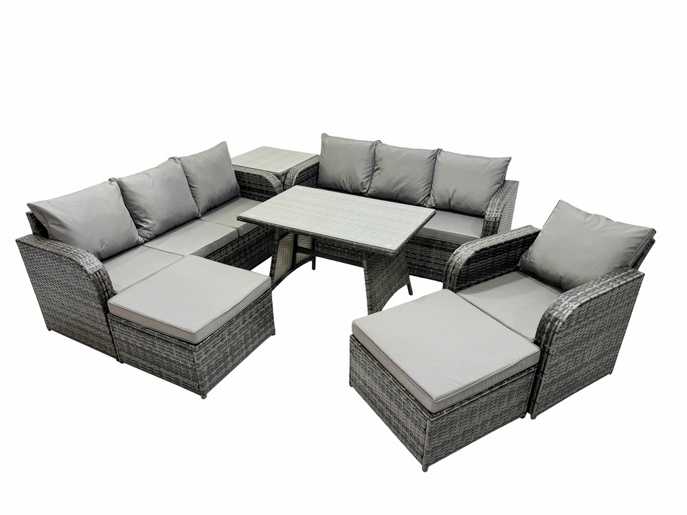 7 pièces ensemble de meubles de jardin en polyrotin avec table à manger fauteuil 2 grand tabourets table d'appoint gris foncé mixte