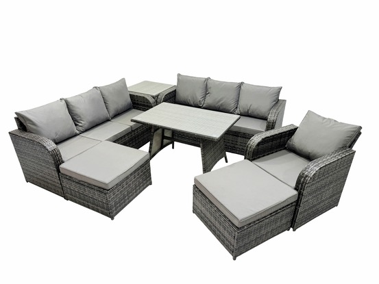 7 pièces ensemble de meubles de jardin en polyrotin avec table à manger fauteuil 2 grand tabourets table d'appoint gris foncé mixte