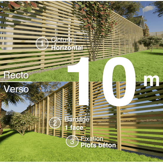 Kit clôture bois moderne 10m – h 2,3m – 45 x 45 mm autoclave – pose horizontal – simple face – à sceller