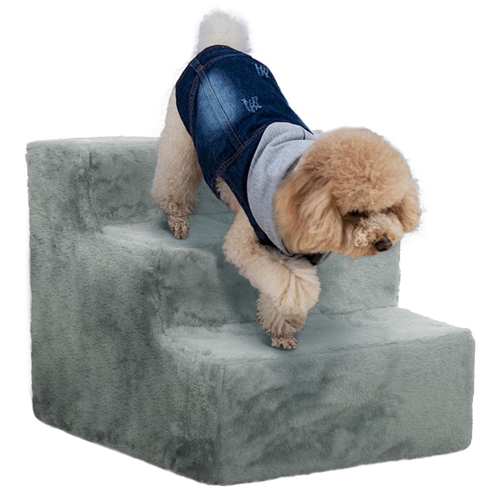 Escalier 3 marches chien chat particules flanelle accès sécurisé meubles 46x35x35cm gris