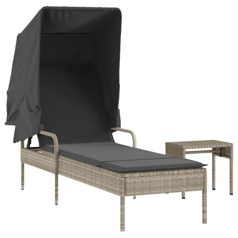 Chaise longue avec auvent et table gris clair résine tressée bain de soleil