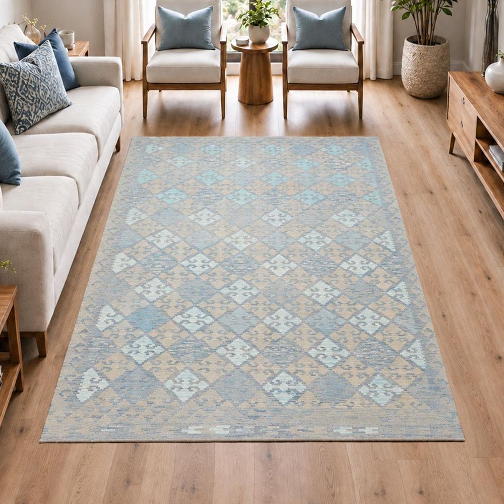 Tapis kilim, 204 x 295 cm, bleu, beige et gris, laine naturelle, tissé plat