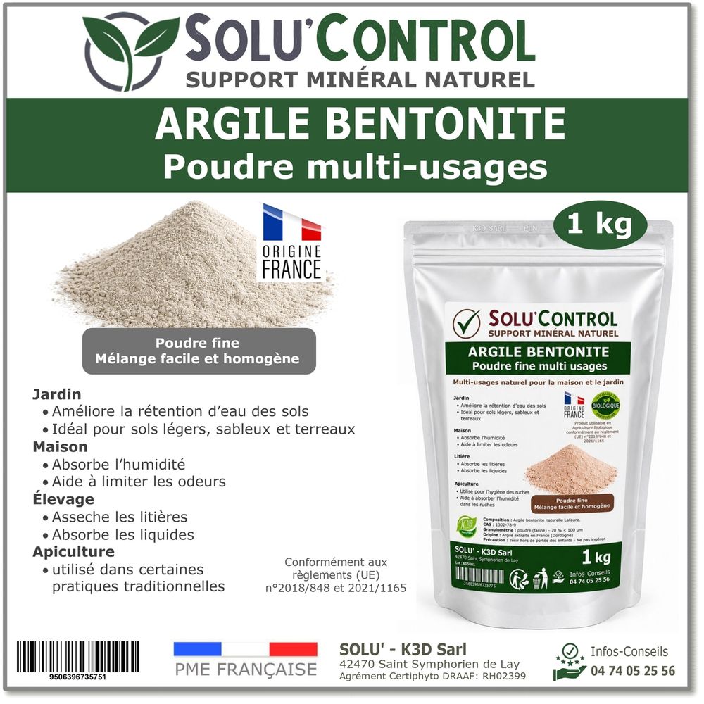 Argile bentonite naturelle en poudre 1 kg solu'control – fort pouvoir absorbant – rétention d'eau – jardin, terreau, sols sableux