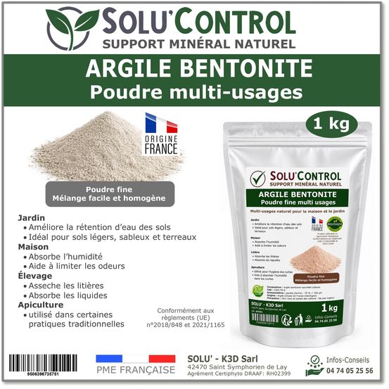 Argile bentonite naturelle en poudre 1 kg solu'control – fort pouvoir absorbant – rétention d'eau – jardin, terreau, sols sableux