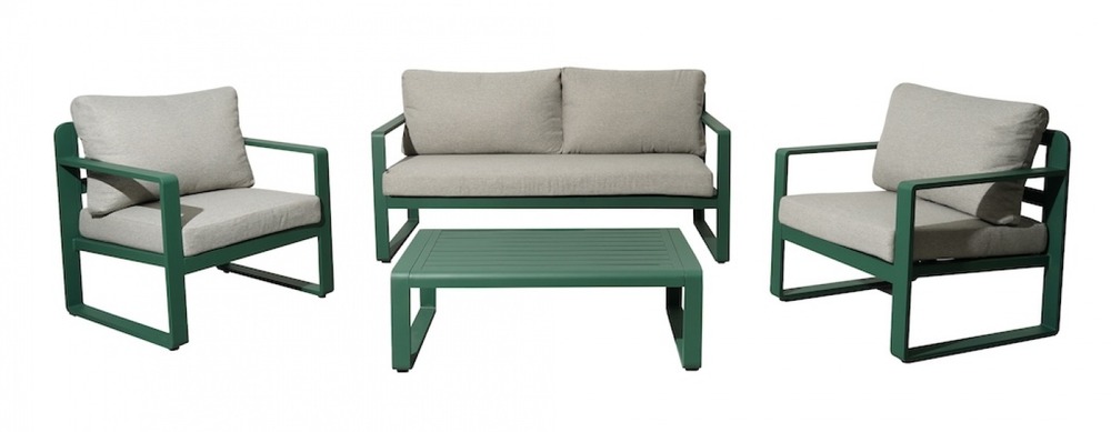 Set 4 pièces - mojito ii - aluminium époxy - amande/gris - 2 fauteuils + 1 canapé + 1 table basse