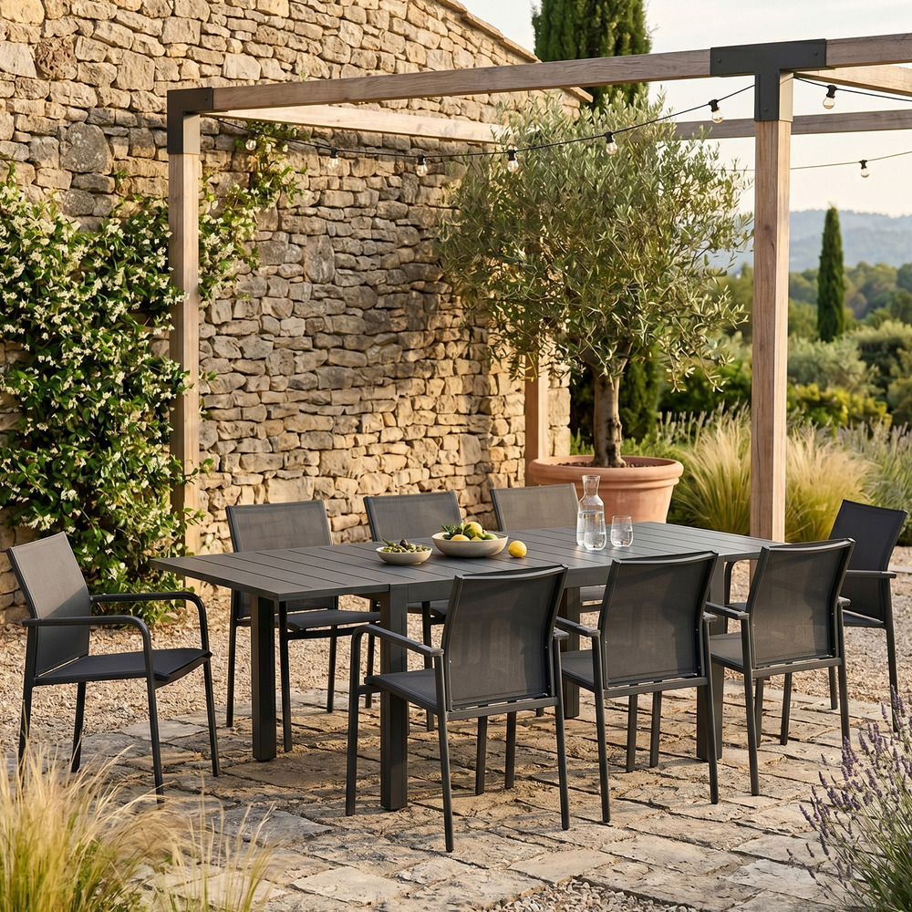 Ensemble 6/10p en full aluminium gris avec 8 fauteuils modulo