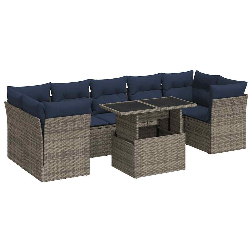 Salon de jardin avec coussins 8 pcs gris résine tressée acacia