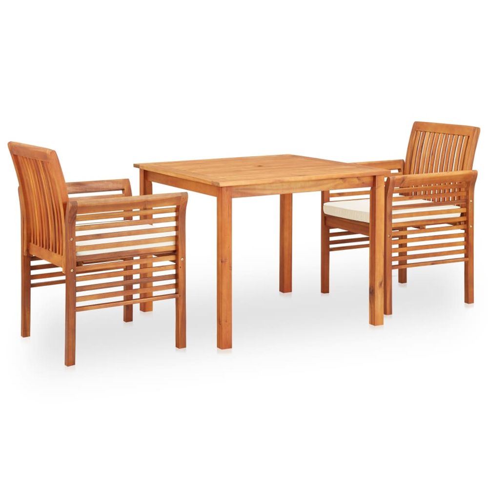 Ensemble à manger d'extérieur 3 pcs et coussins acacia solide