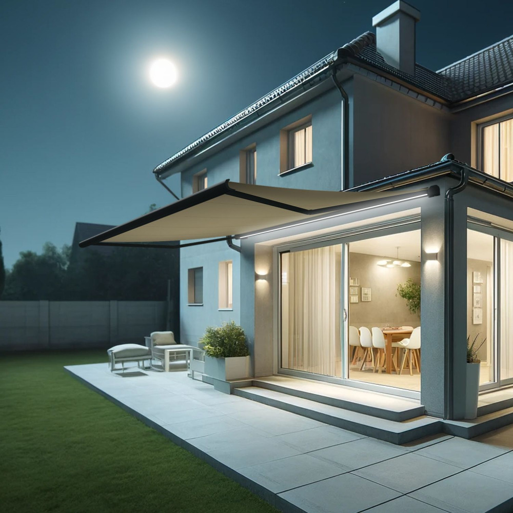 Store banne coffre intégral hevoa 5,00x3,50 m (motorisé secours à télécommande + led - gris anthracite stucturé ral7016st - écru)