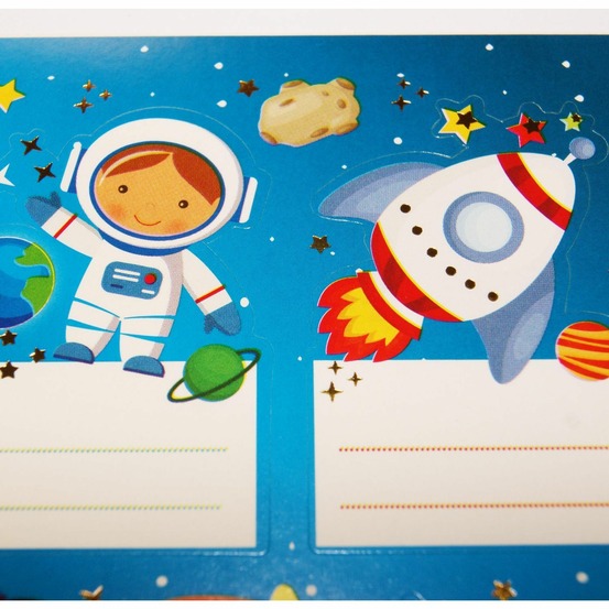 16 étiquettes adhésives scolaires - rectangle - astronautes dans l'espace - dorures