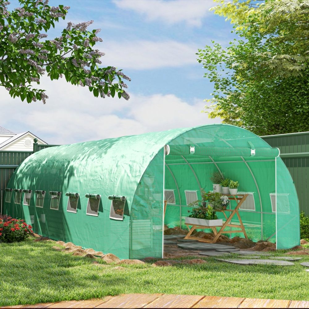 Serre tunnel de jardin acier galvanisé 8 x 3 x 2 m verte 24 m² bâche pe 16 fenêtres - comfortxl outdoor living