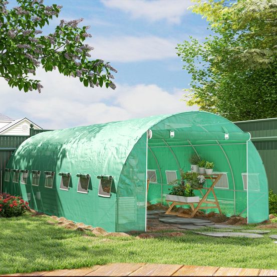 Serre tunnel de jardin acier galvanisé 8 x 3 x 2 m verte 24 m² bâche pe 16 fenêtres - comfortxl outdoor living