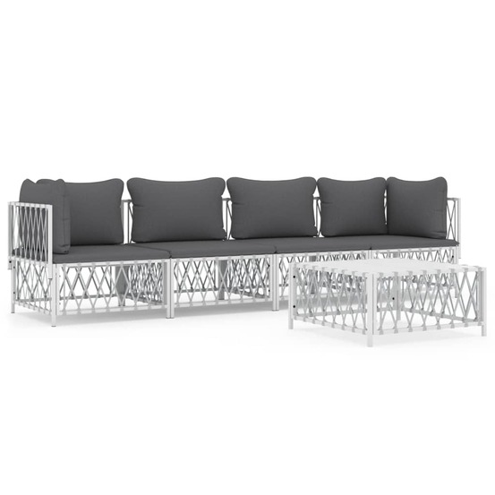Salon de jardin meuble d'extérieur ensemble de mobilier avec coussins 5 pièces blanc acier