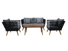 Tiago - salon bas de jardin 4 places + table - corde et bois - noir et coussins gris