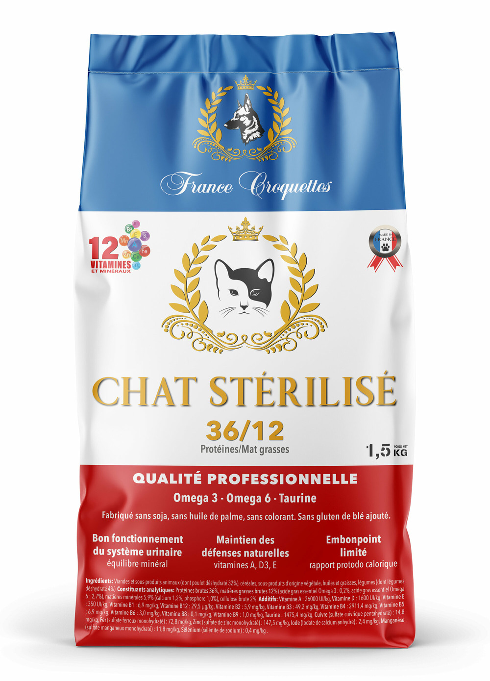 Croquette pour chat adulte sterilise 36/12 – 1,5kg – chat adulte sterilisé – france croquettes