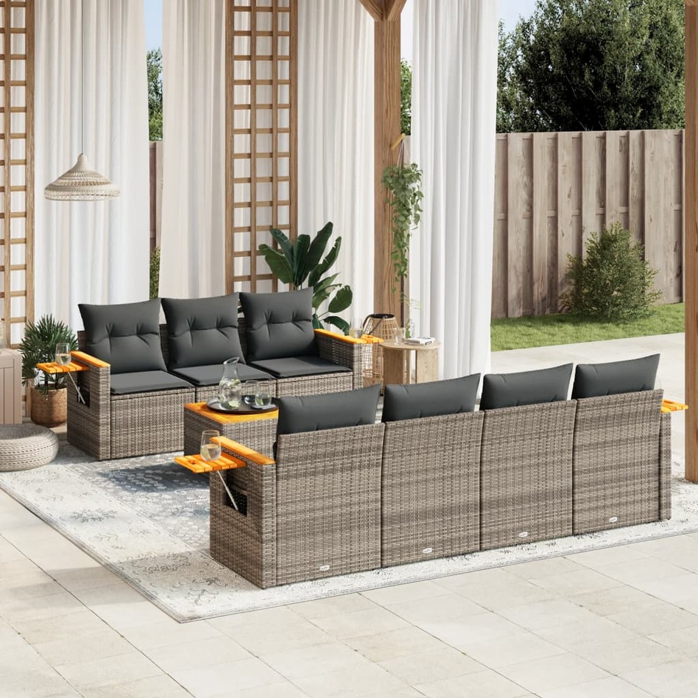 Salon de jardin 8 pcs avec coussins gris résine tressée