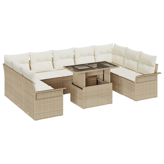 Ensemble de canapés de jardin 10 pièces avec coussins beige rattan poly