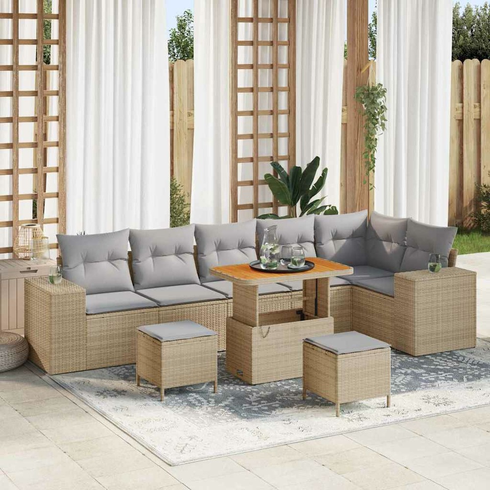 Ensemble de canapé de jardin avec coussin 9 pcs beige polyrotin