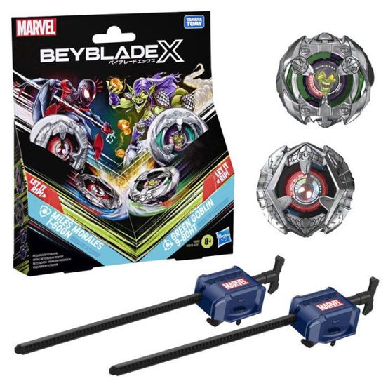 X miles morales 1-60gn contre green goblin 9-80ht, 2 toupies de compétition takara tomy, 2 lanceurs, des 8 ans