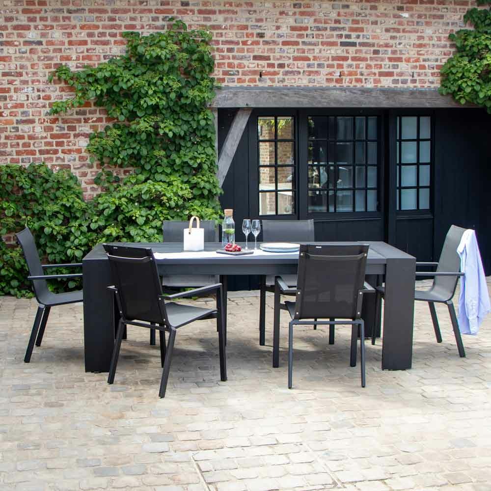 Ensemble ibiza 6/8p en aluminium gris/noir et 6 fauteuils en textilène