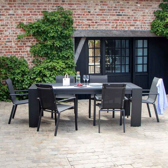 Ensemble ibiza 6/8p en aluminium gris/noir et 6 fauteuils en textilène