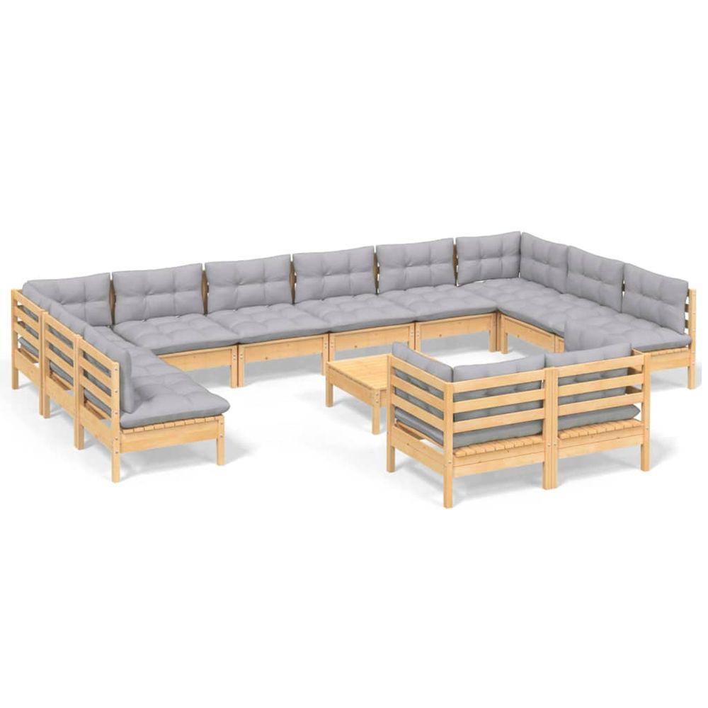 Salon de jardin 13 pcs avec coussins gris bois de pin