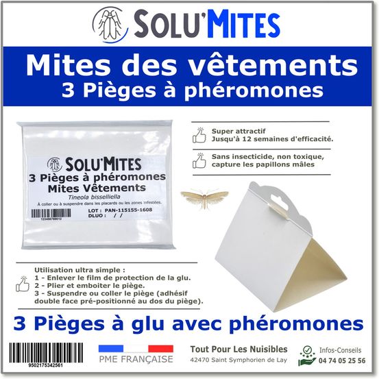 Solumites-pièges phéromones pour teignes du vêtement-lot 3 pièges