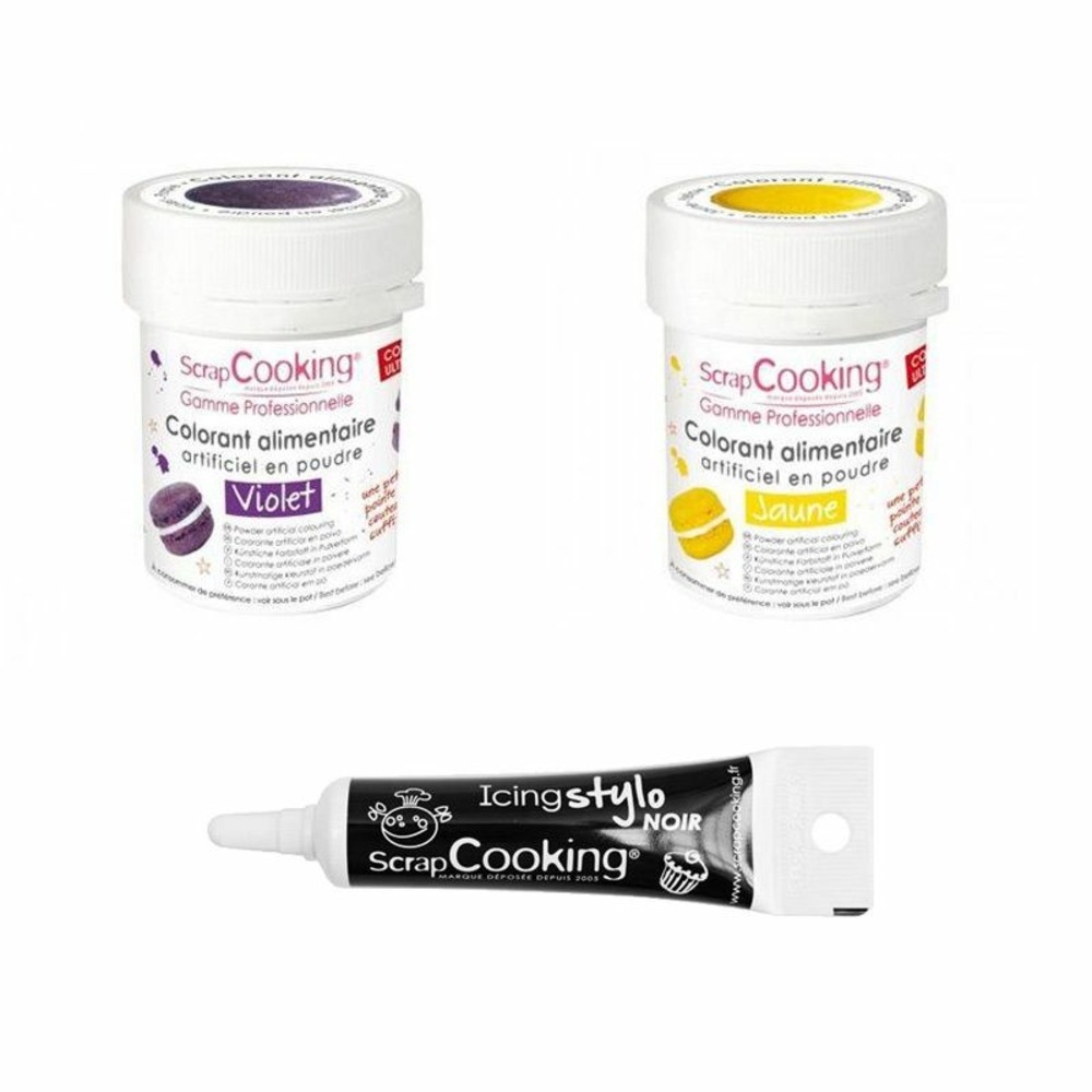 2 colorants alimentaires jaune-violet + stylo glaçage noir