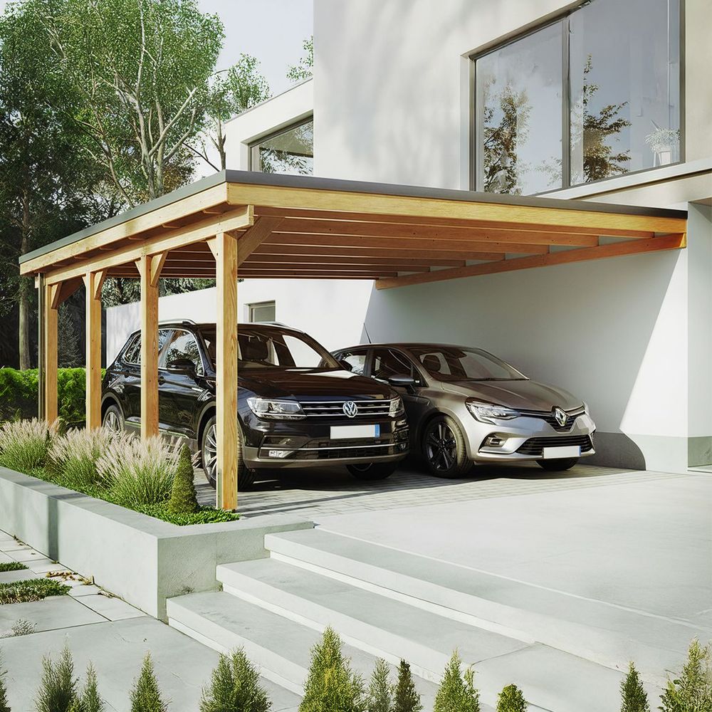 Carport adosse bois riverside - 2 voiture - 548 x 550 - abri 2 voitures - feutre bitumeux sur les voliges - toit plat